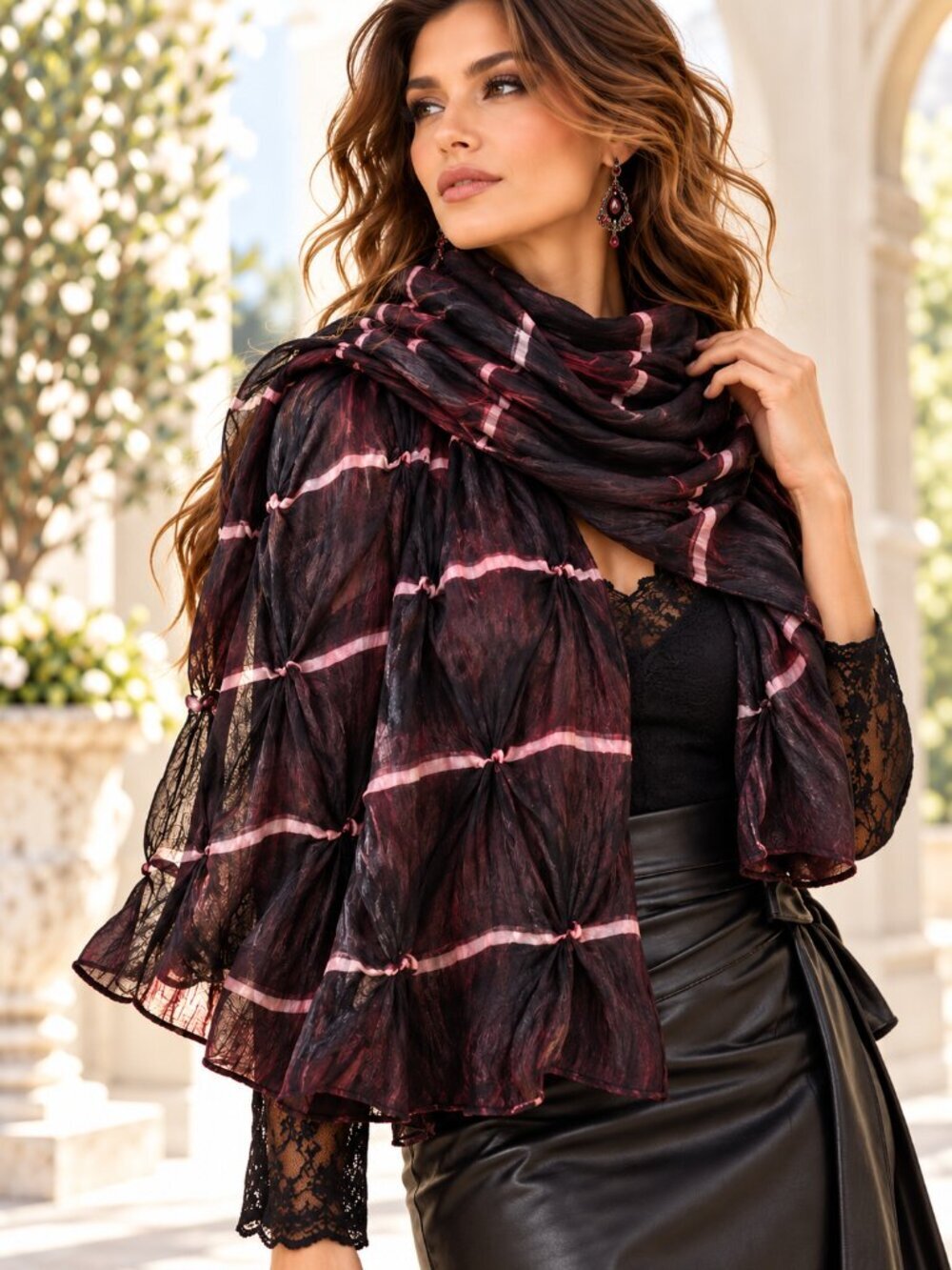 Handcrafted Rosette Silk Wrap Scarf Rust Red Cream Stripe Dark Fairy 65 x 23 NEW